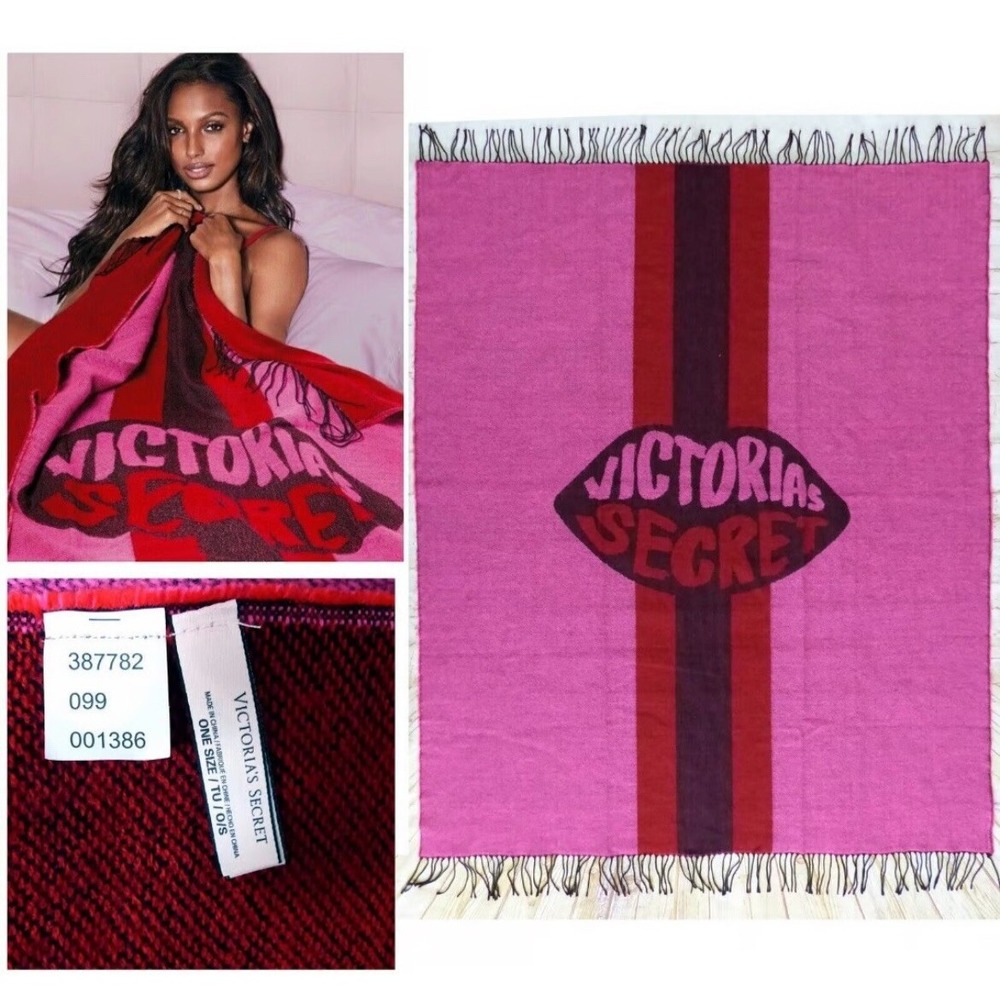 Victoria's Secret Pink Red Lips Logo Knit Fringe Throw Blanket 48x60 Striped